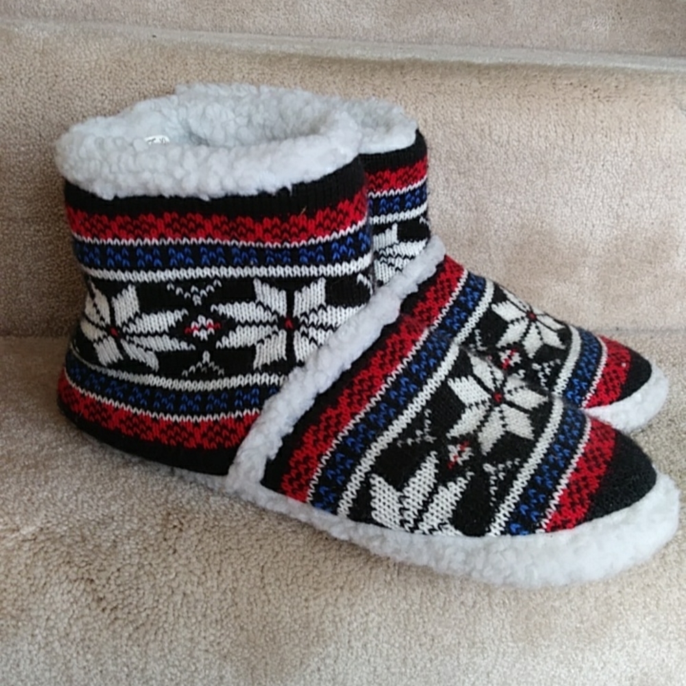 Fair Isle Faux Sherpa Bootie Snowflake Slippers  XL Red White Blue Black